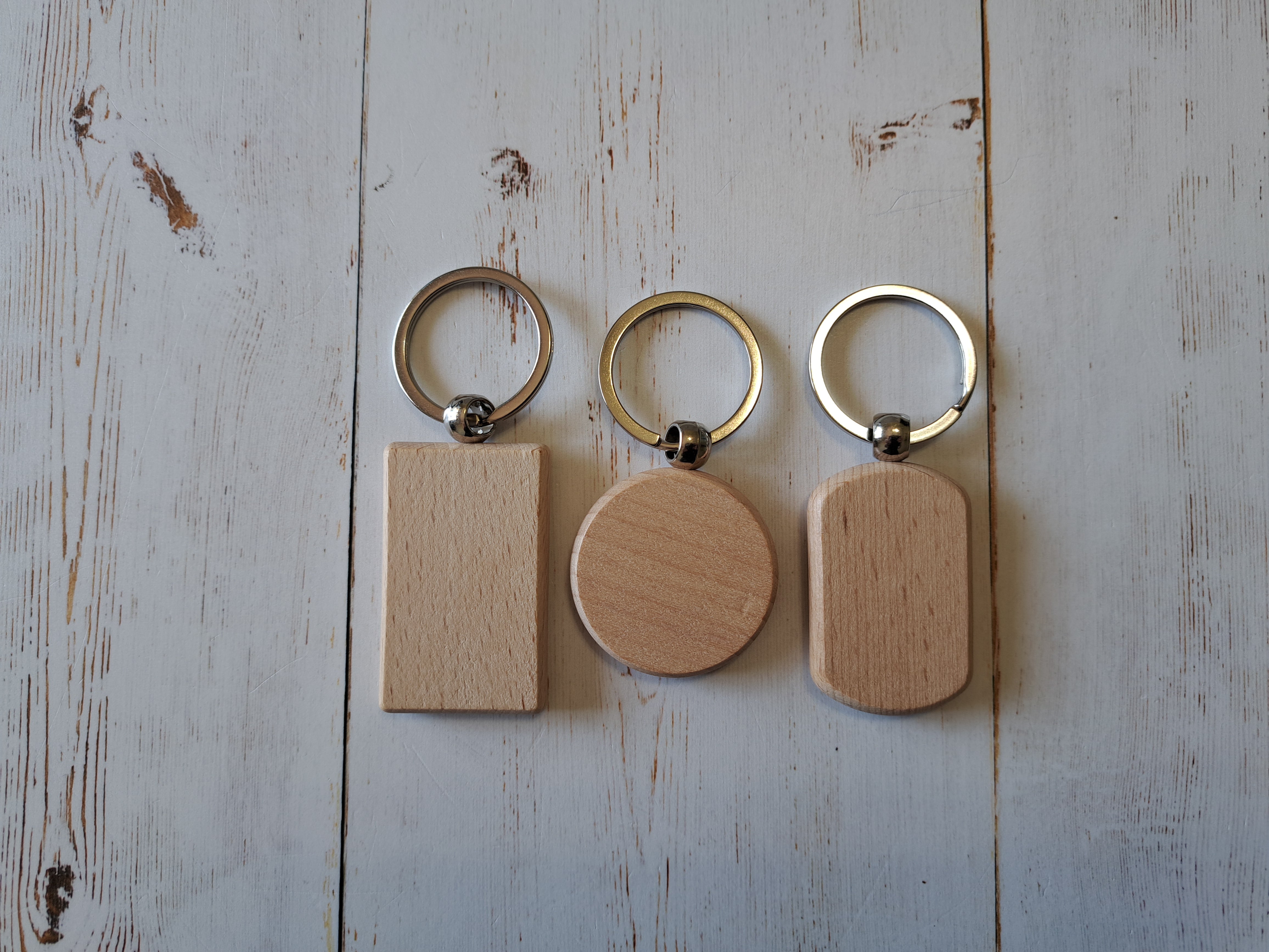 Wooden Key Ring Blanks - 3 in a pack - Circle, Rounded rectangle and Rectangle