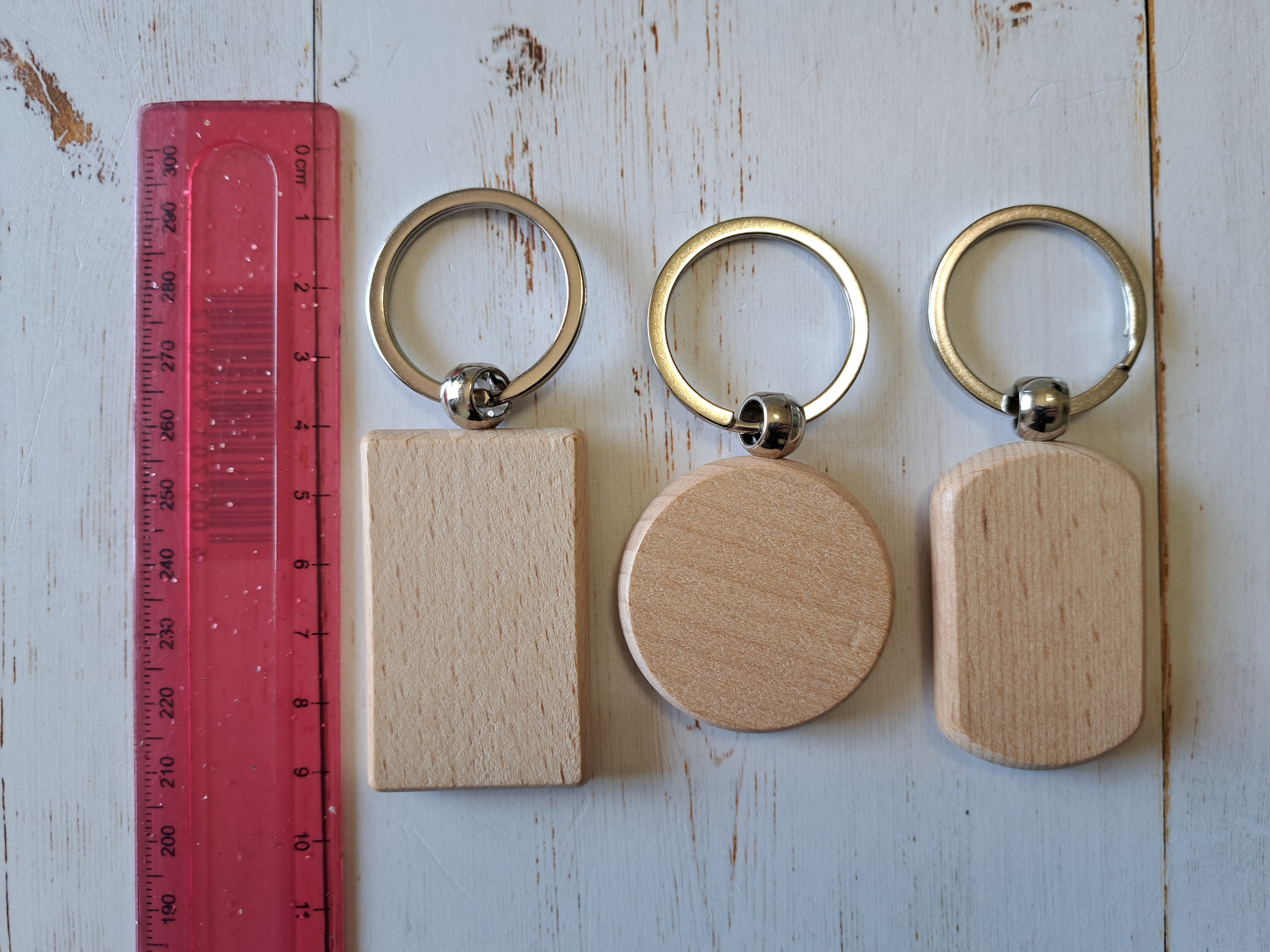 Wooden Key Ring Blanks - 3 in a pack - Circle, Rounded rectangle and Rectangle