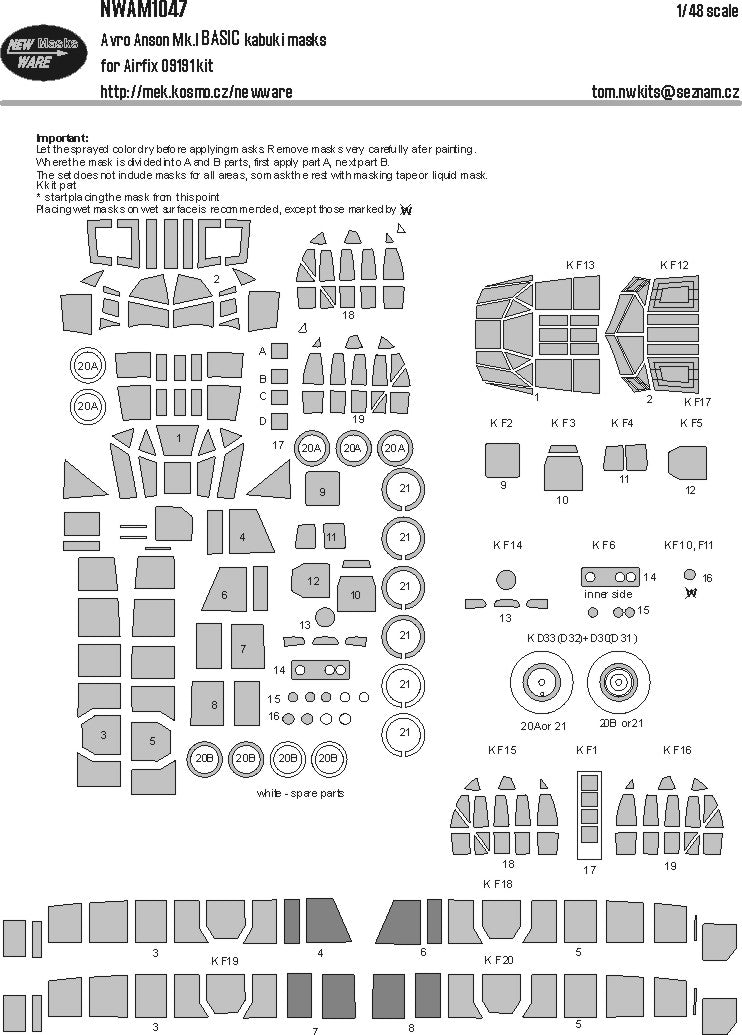 New Ware 1047 - Masking set for Airfix 1/48 Avro Anson Mk.I BASIC