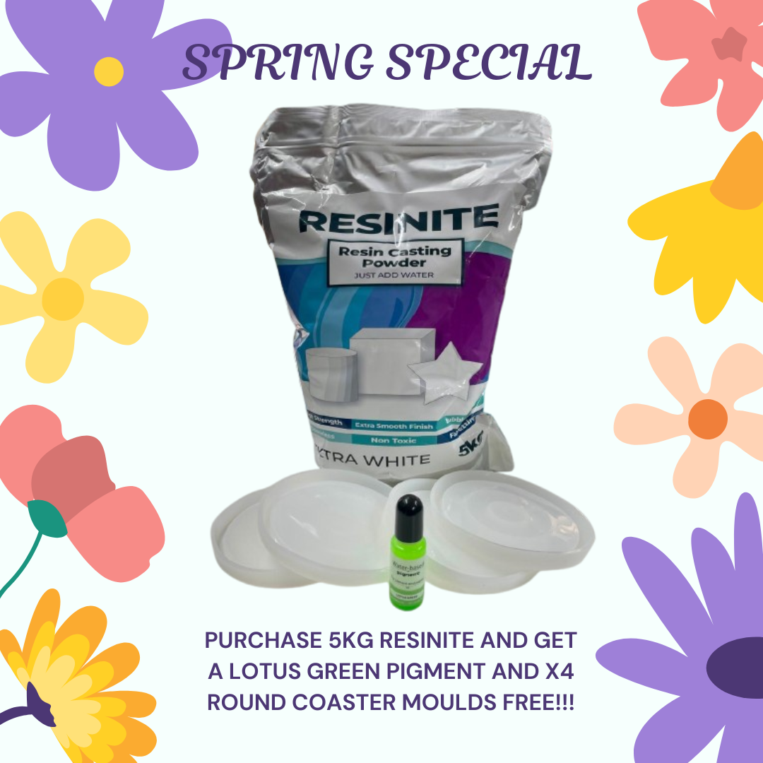 SPRING SPECIAL!! PURCHASE 5KG RESINITE AND GET A LOTUS GREEN LIQUID PIGMENT AND X4 ROUND COASTER MOULDS FREE!!!