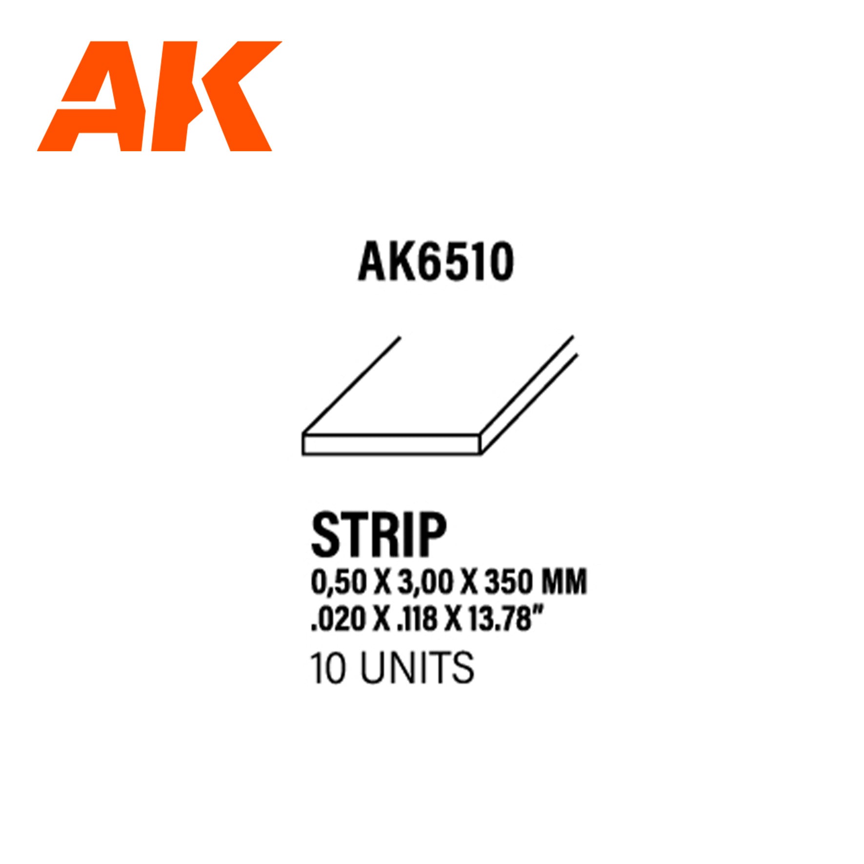 AK6510 - Styrene Strip - 0.50 x 3.00 x 350mm (10 units)