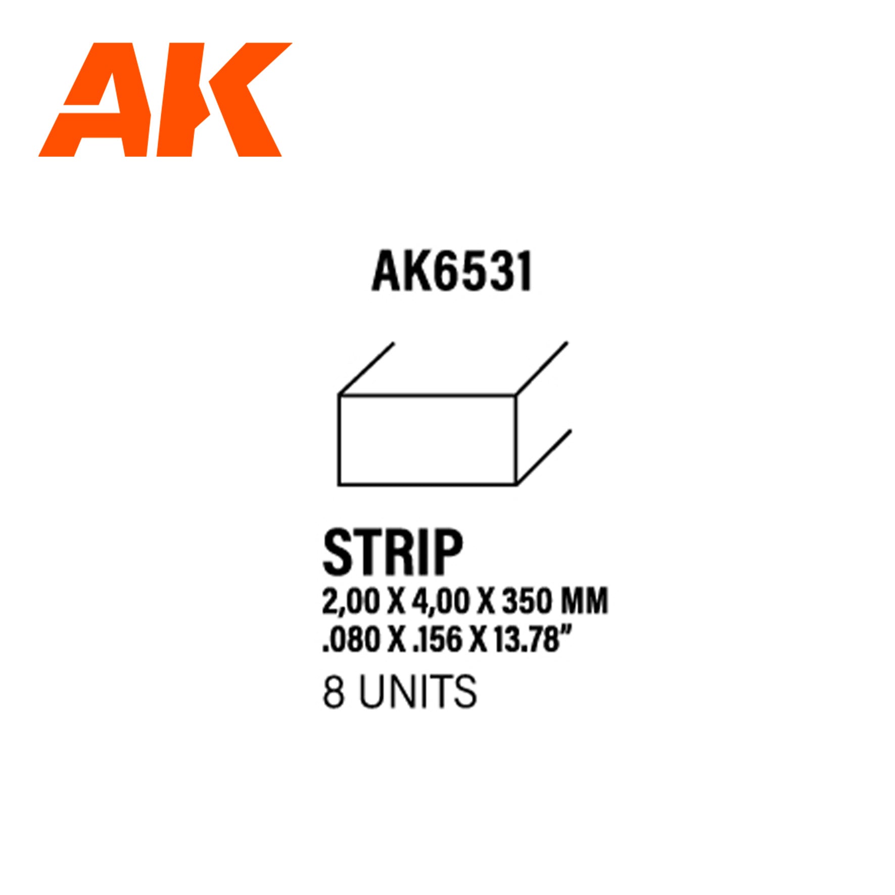 AK6531 - Styrene Strip - 2.00 x 4.00 x 350mm (8 units)