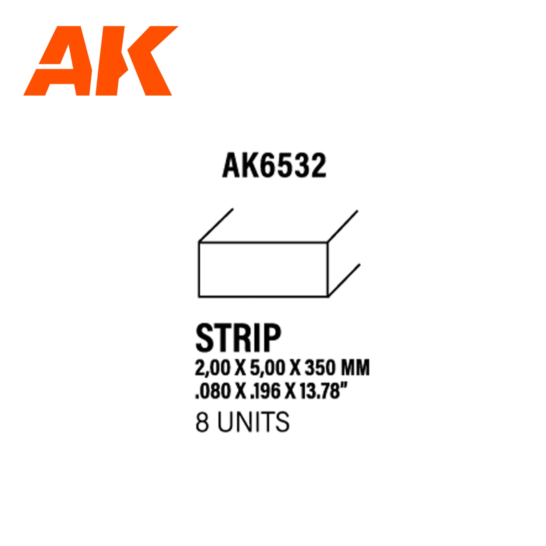 AK6532 - Styrene Strip - 2.00 x 5.00 x 350mm (8 units)