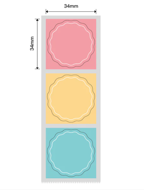 Thermal Labels compatible with B21 - B1 - B3S Label Machine - 34 x 34mm - 200 Wavy Labels per roll -  Round - PINK, YELLOW and BLUE
