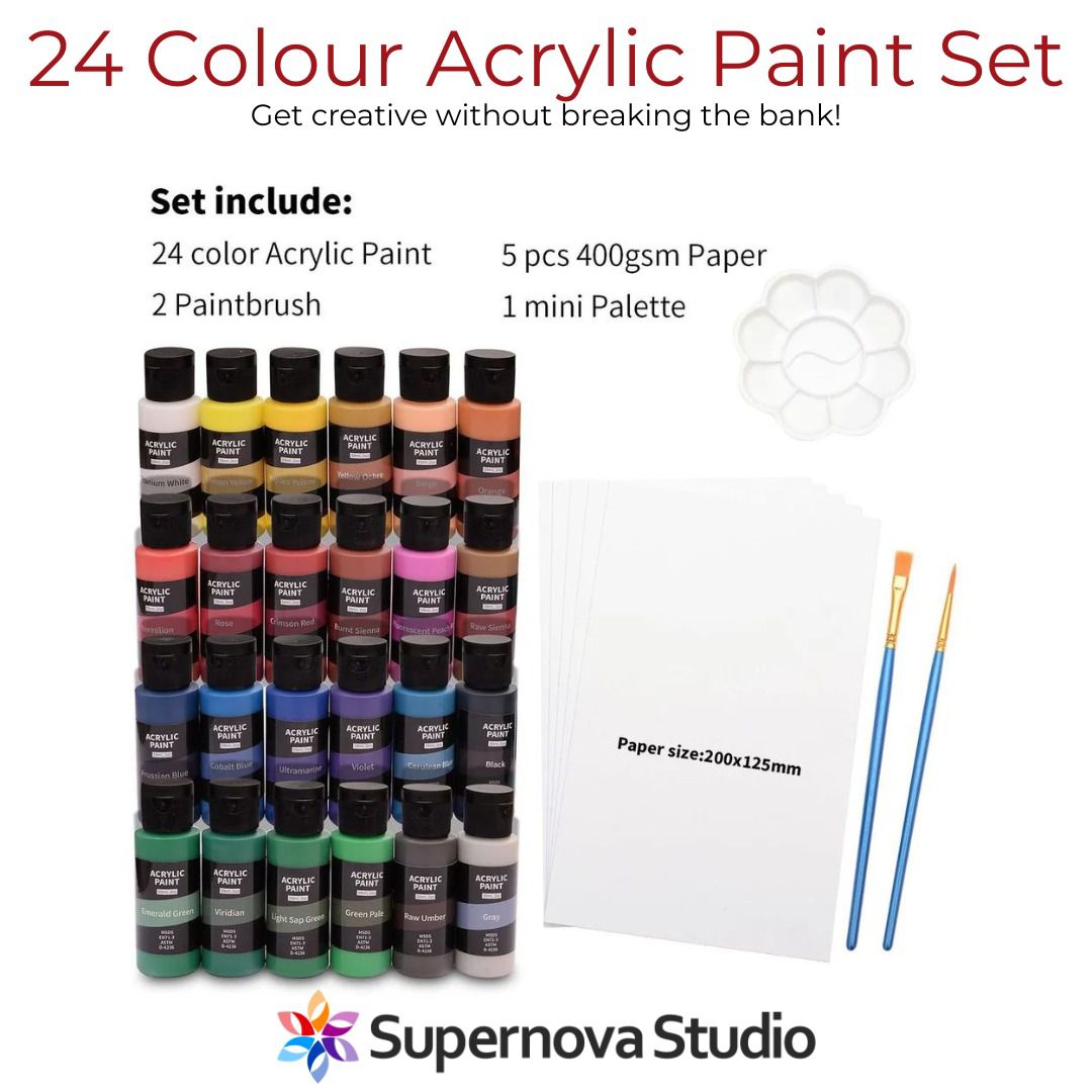 Acrylic Paint set (24 Paints / 2 brushes / mini palette / Paper