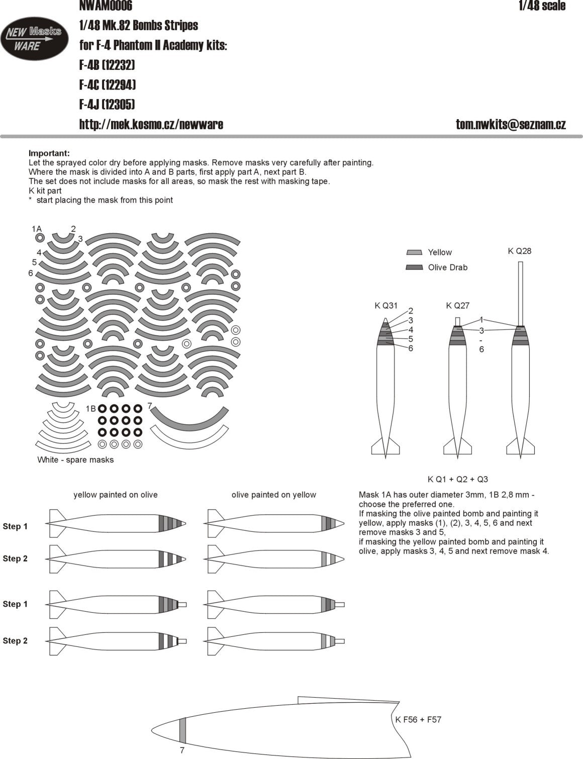 New Ware 0006 - Masking set for Academy 1/48 Mk.82 bombs stripes for F-4 Phantom II