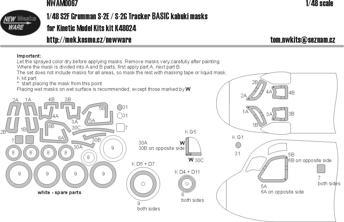 New Ware 0067 - Masking set for Kinetic Model Kits 1/48 S2F grumman S-2E/S-2G tracker BASIC
