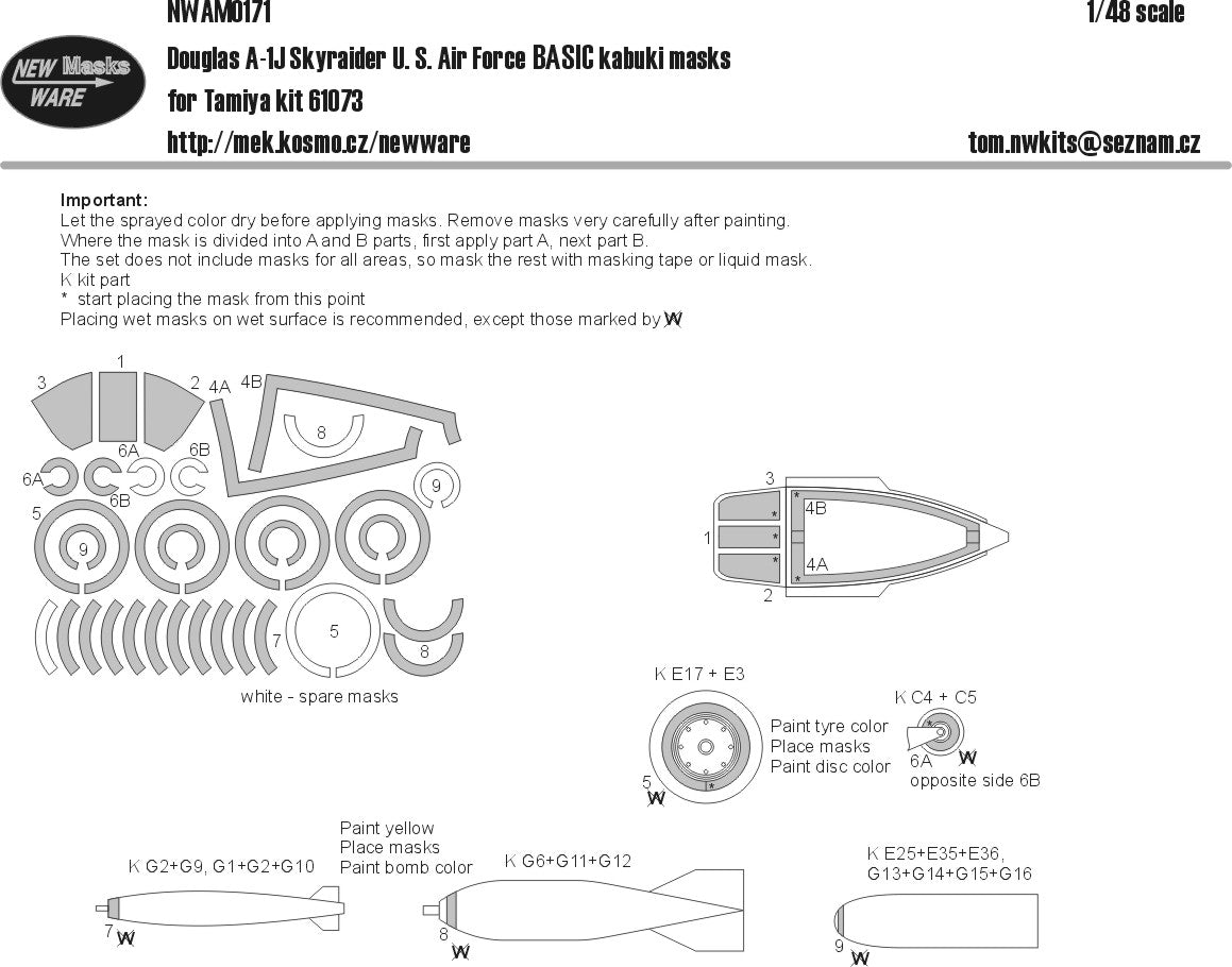 New Ware 0171 - Masking set for Tamiya 1/48 Douglas A-1J U.S. air force BASIC