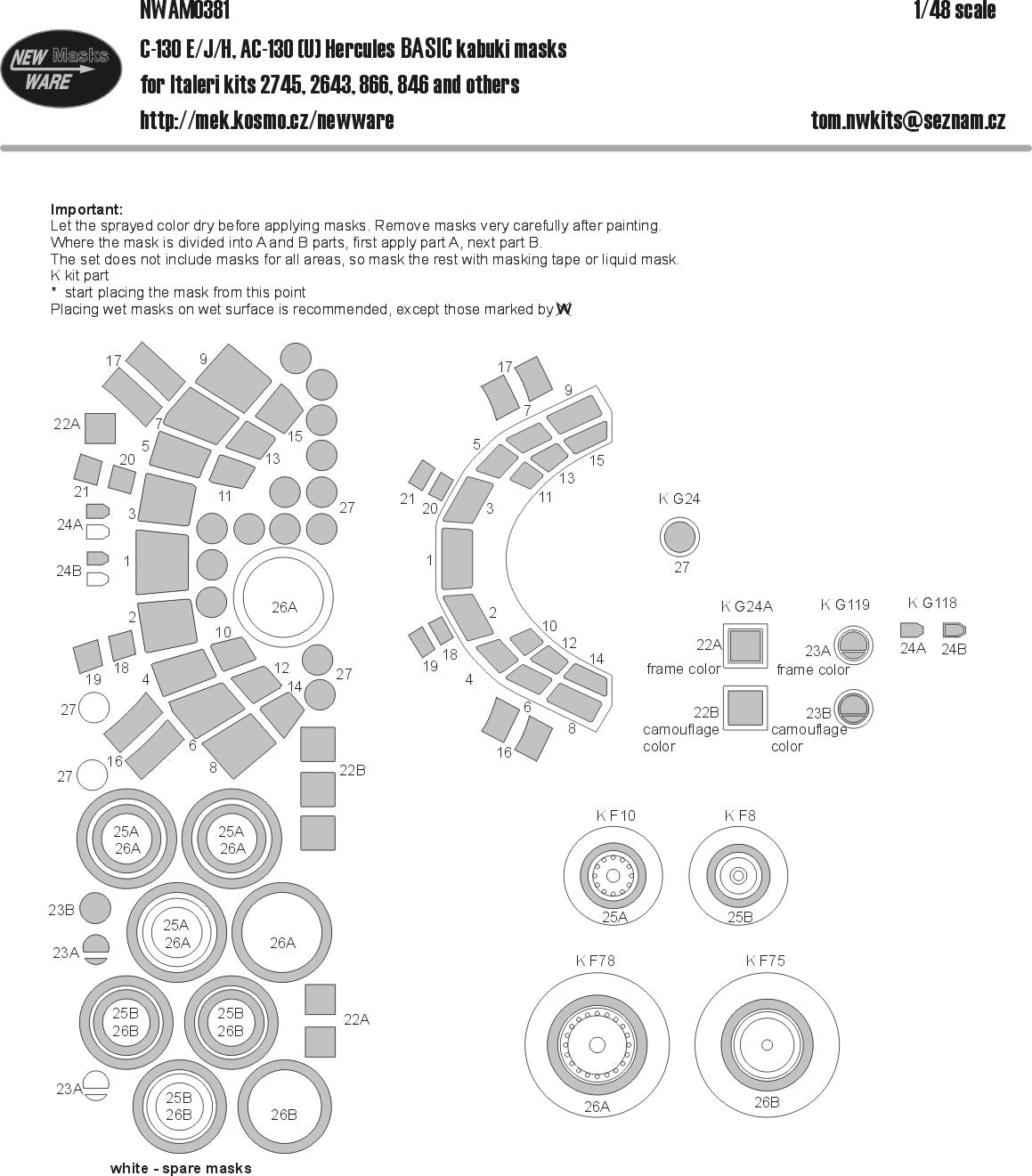 New Ware 0381 - Masking set for Italeri 1/48 C-130 E/J/H, AC-130(U) Hercules BASIC