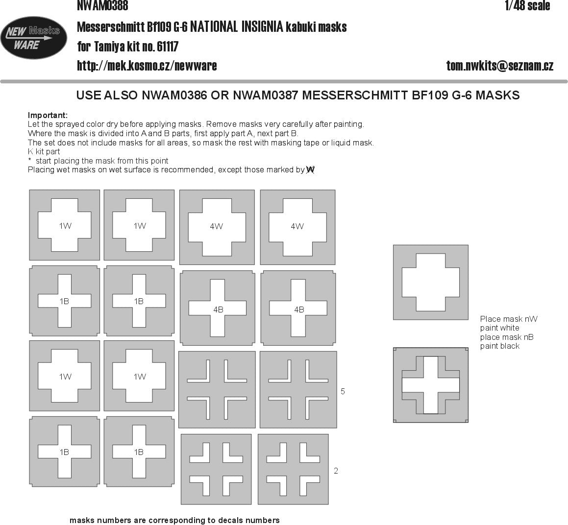 New Ware 0388 - Masking set for Tamiya 1/48 Messerschmitt Bf109G-6 NATIONAL INSIGNIA