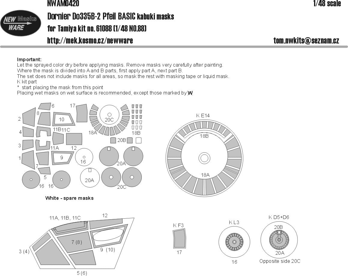 New Ware 0420 - Masking set for Tamiya 1/48 Do335B-2 Pfeil BASIC