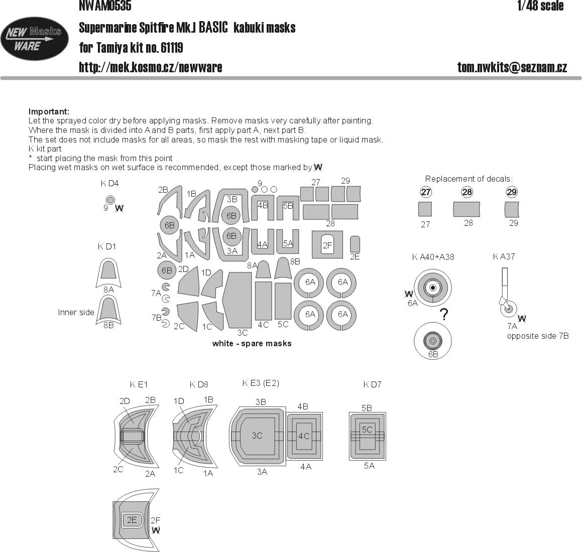 New Ware 0535 - Masking set for Tamiya 1/48 Supermarine Spitfire Mk.I BASIC