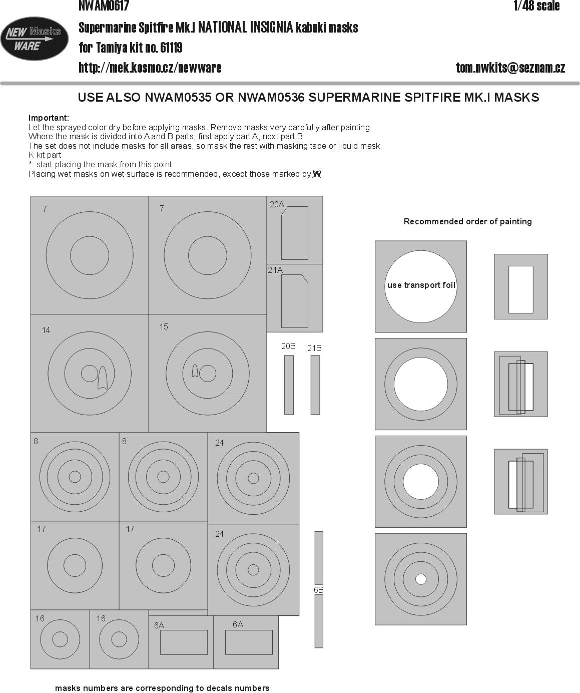 New Ware 0617 - Masking set for Tamiya 1/48 Supermarine Spitfire Mk.I NATIONAL INSIGNIA