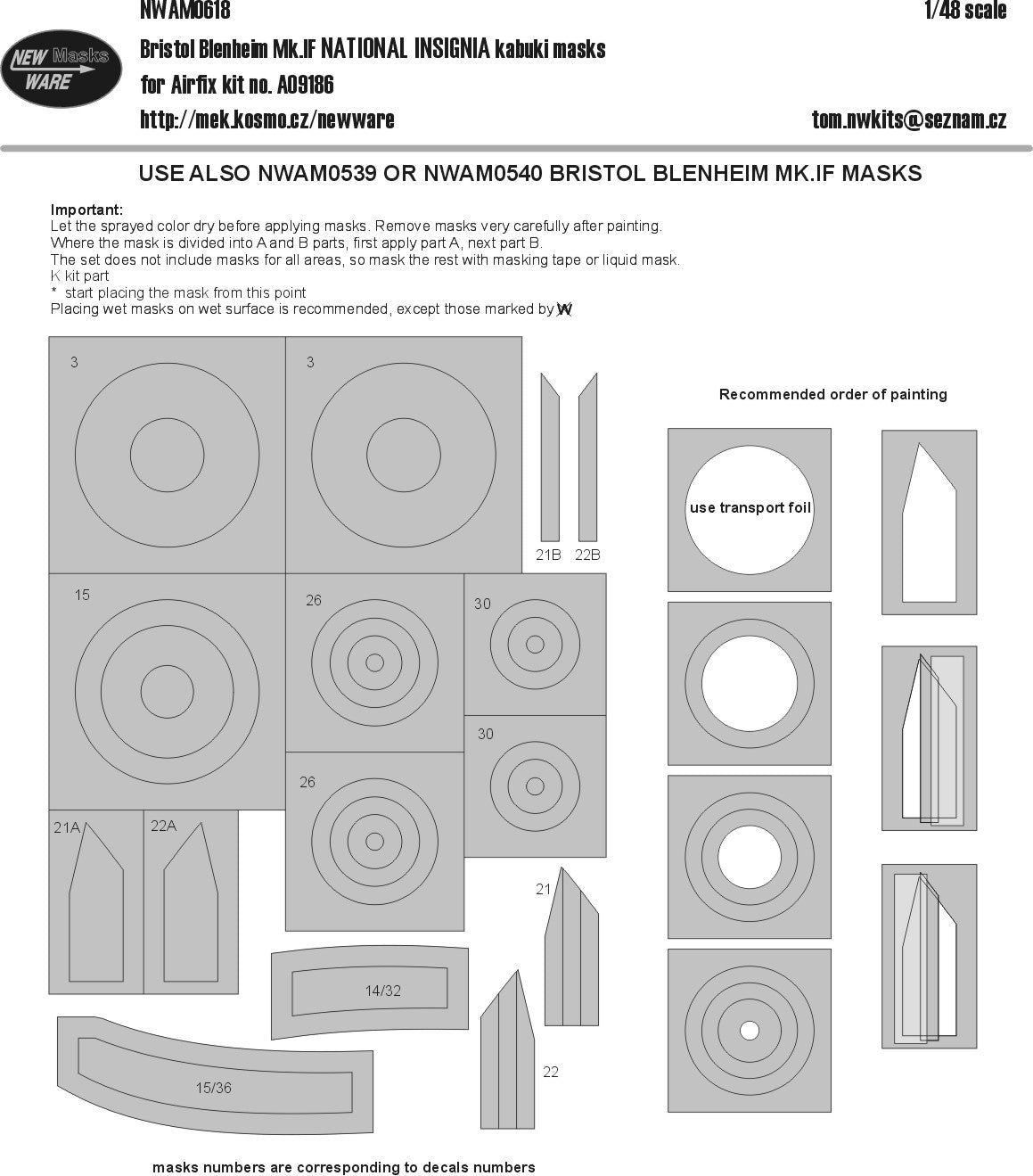 New Ware 0618 - Masking set for Airfix 1/48 Bristol Blenheim Mk.IF NATIONAL INSIGNIA