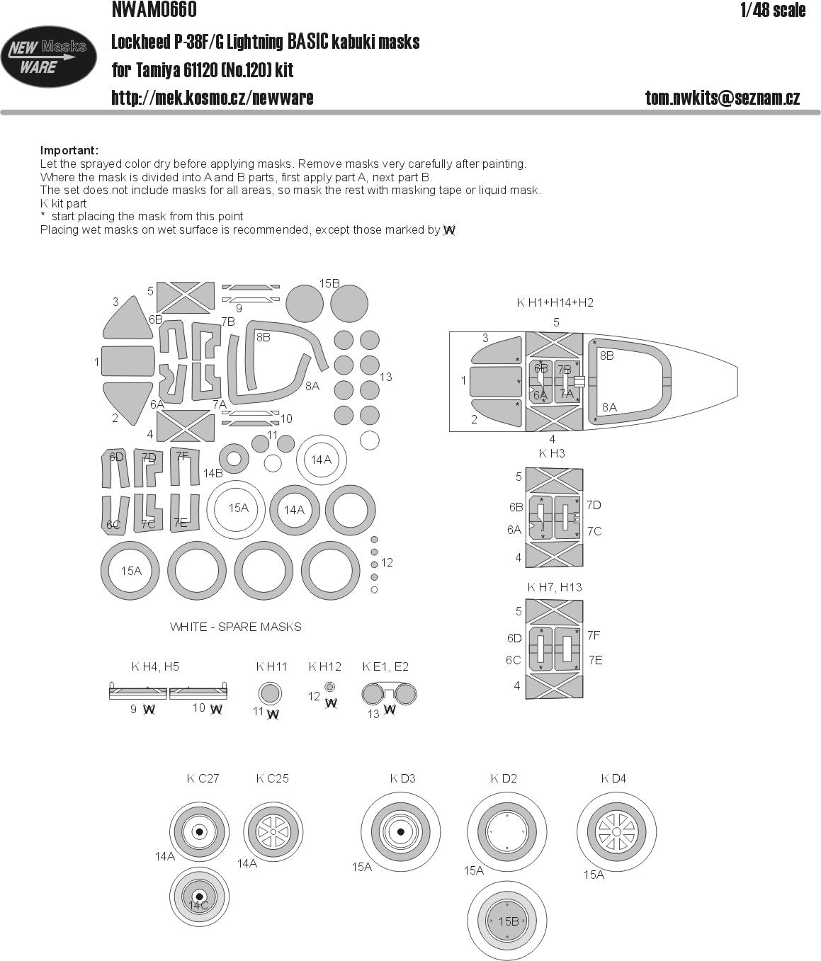New Ware 0660 - Masking set for Tamiya 1/48 Lockheed P-38 F/G lightning BASIC
