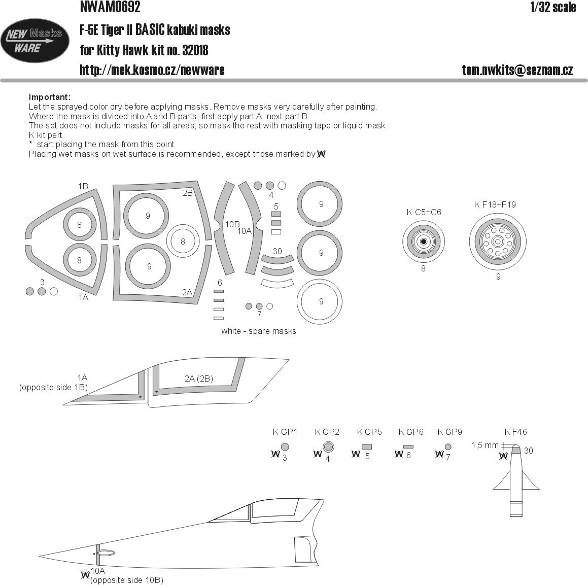 New Ware 0692 - Masking set for Kitty Hawk 1/32 F-5E Tiger II BASIC