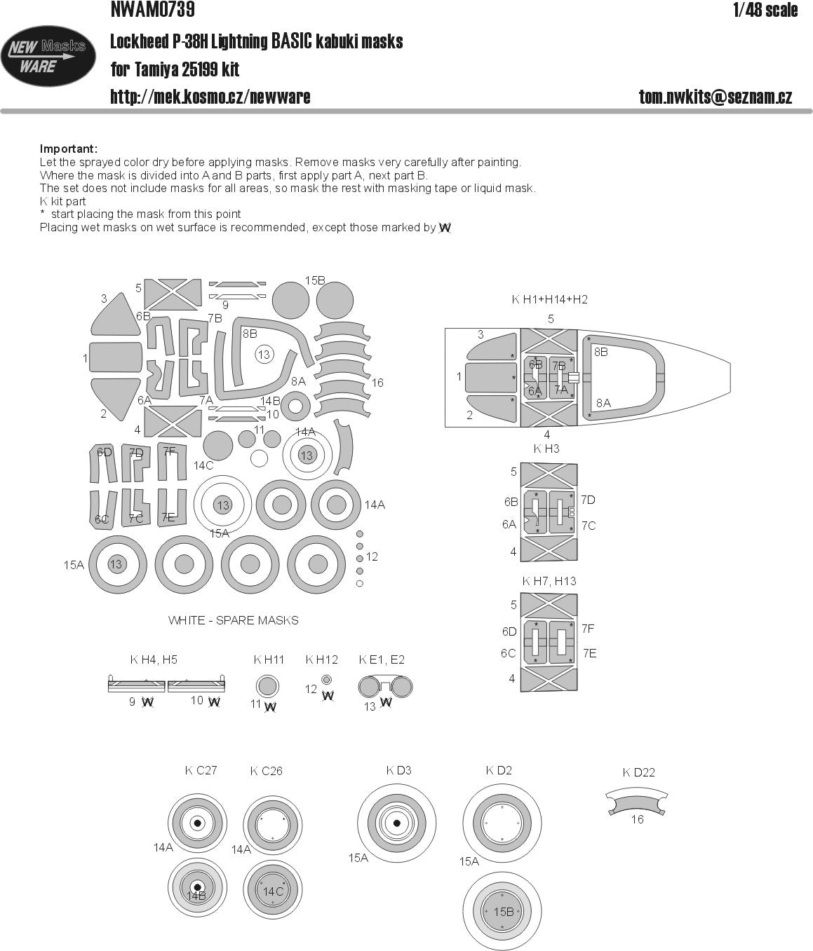 New Ware 0739 - Masking set for Tamiya 1/48 Lockheed P-38H lightning BASIC