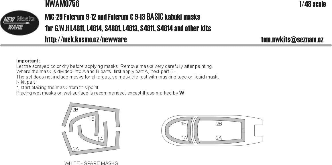New Ware 0756 - Masking set for G.W.H 1/48 Mig-29 Fulcrum 9-12, Fulcrum C 9-13 BASIC