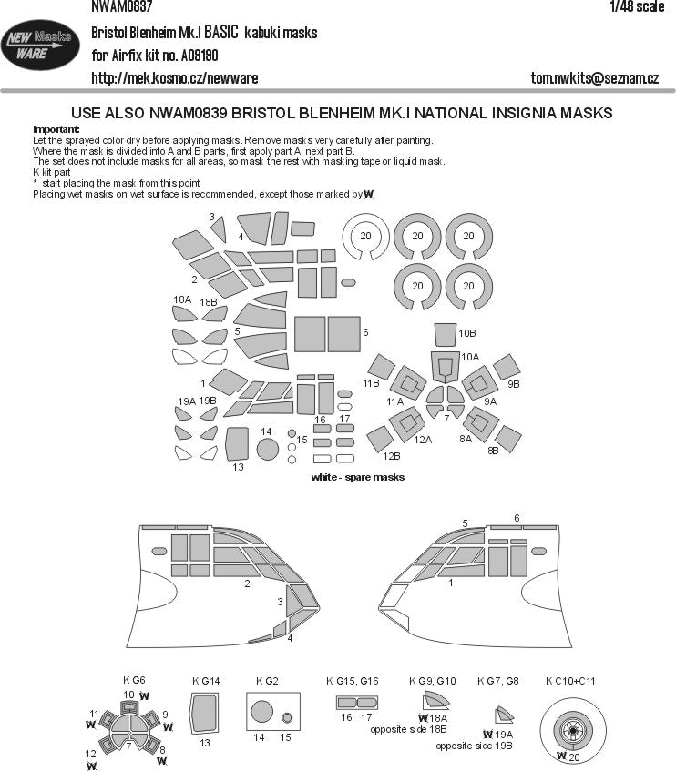 New Ware 0837 - Masking set for Airfix 1/48 Bristol Blenheim Mk.I BASIC