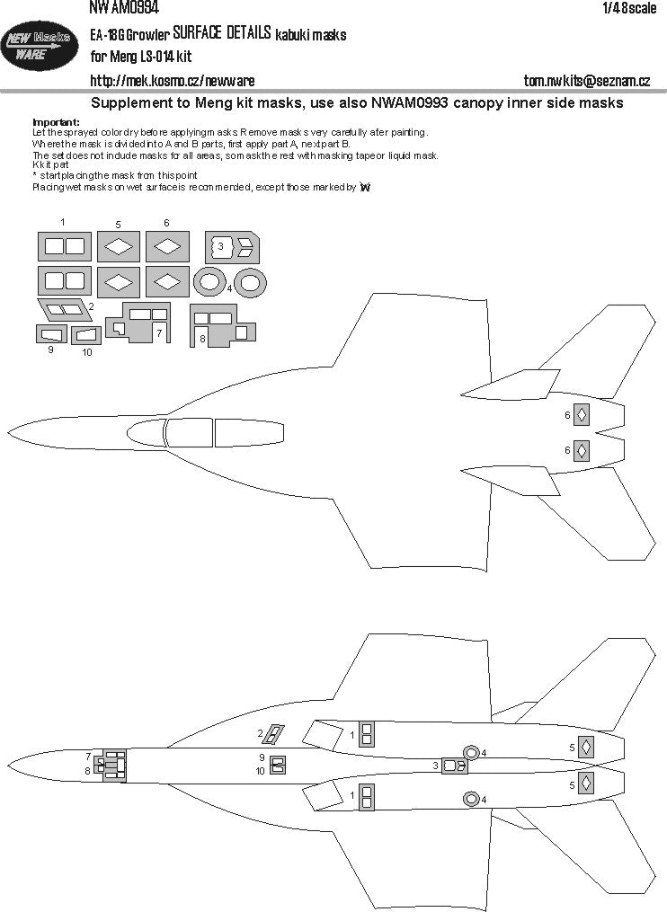 New Ware 0994 - Masking set for Meng 1/48 EA-18G Growler SURFACE DETAILS