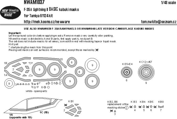 New Ware 1037 - Masking set for Tamiya 1/48 F-35A lightning II BASIC