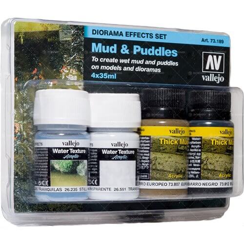 Acrylicos Vallejo VJP73189 Diorama Effect Mud & Puddles Acrylic Paint &  Brush - Pack of 4 