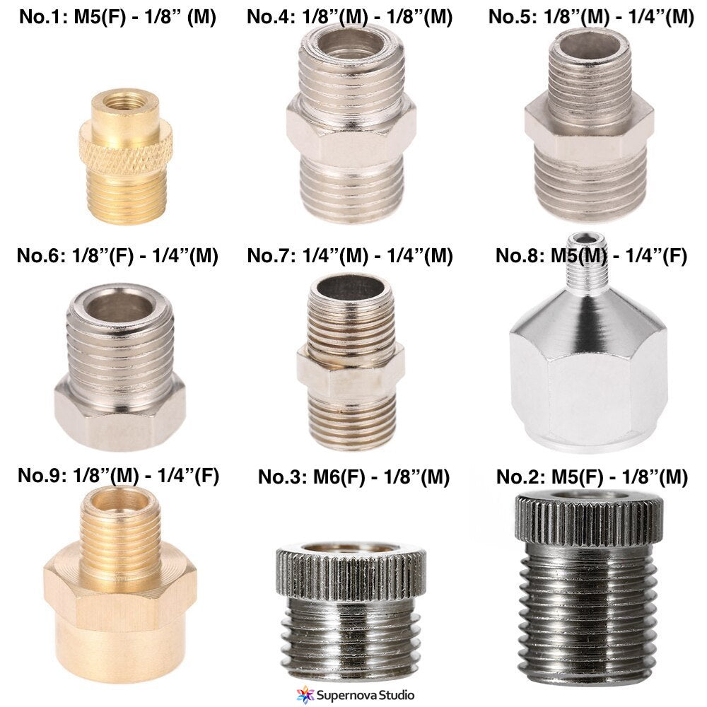 Set of 9 connectors & reducers for airbrushes, hoses & accessories