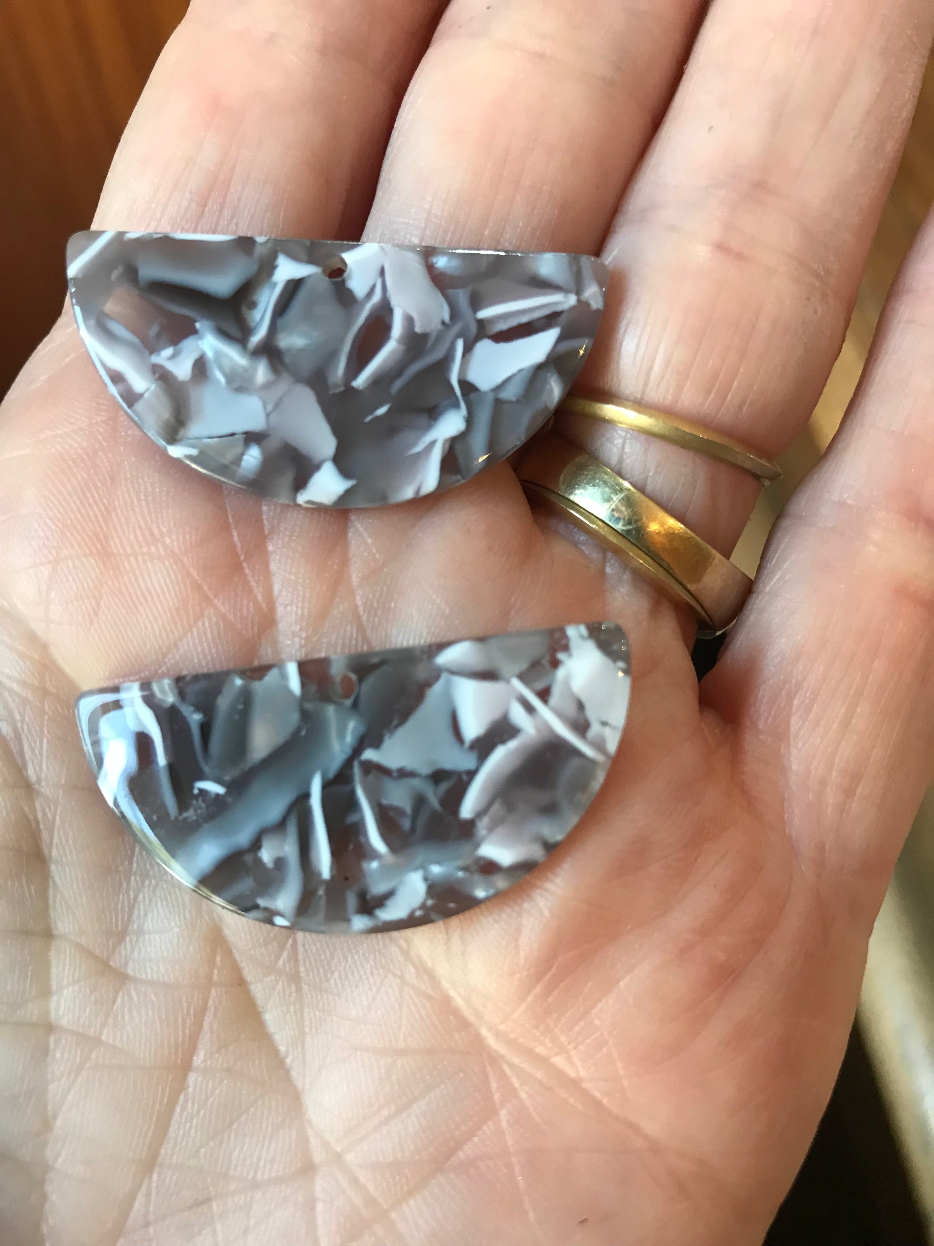 Acetate Resin Semi Circle Pendant Small Grey Marble  (1 Pair)