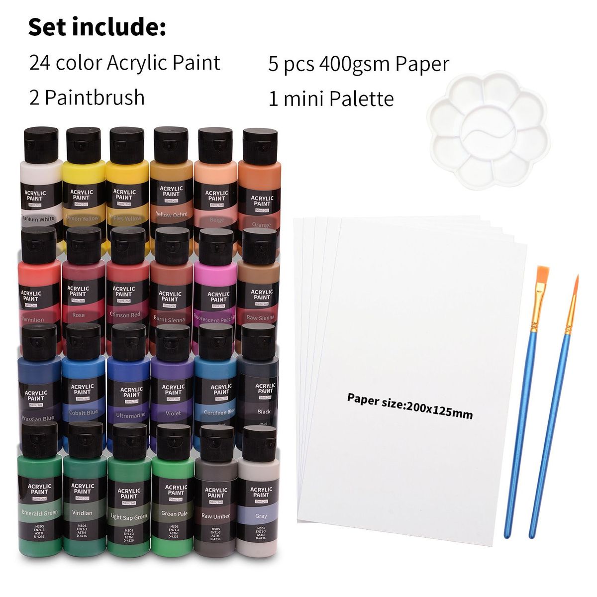 Acrylic Paint set (24 Paints / 2 brushes / mini palette / Paper