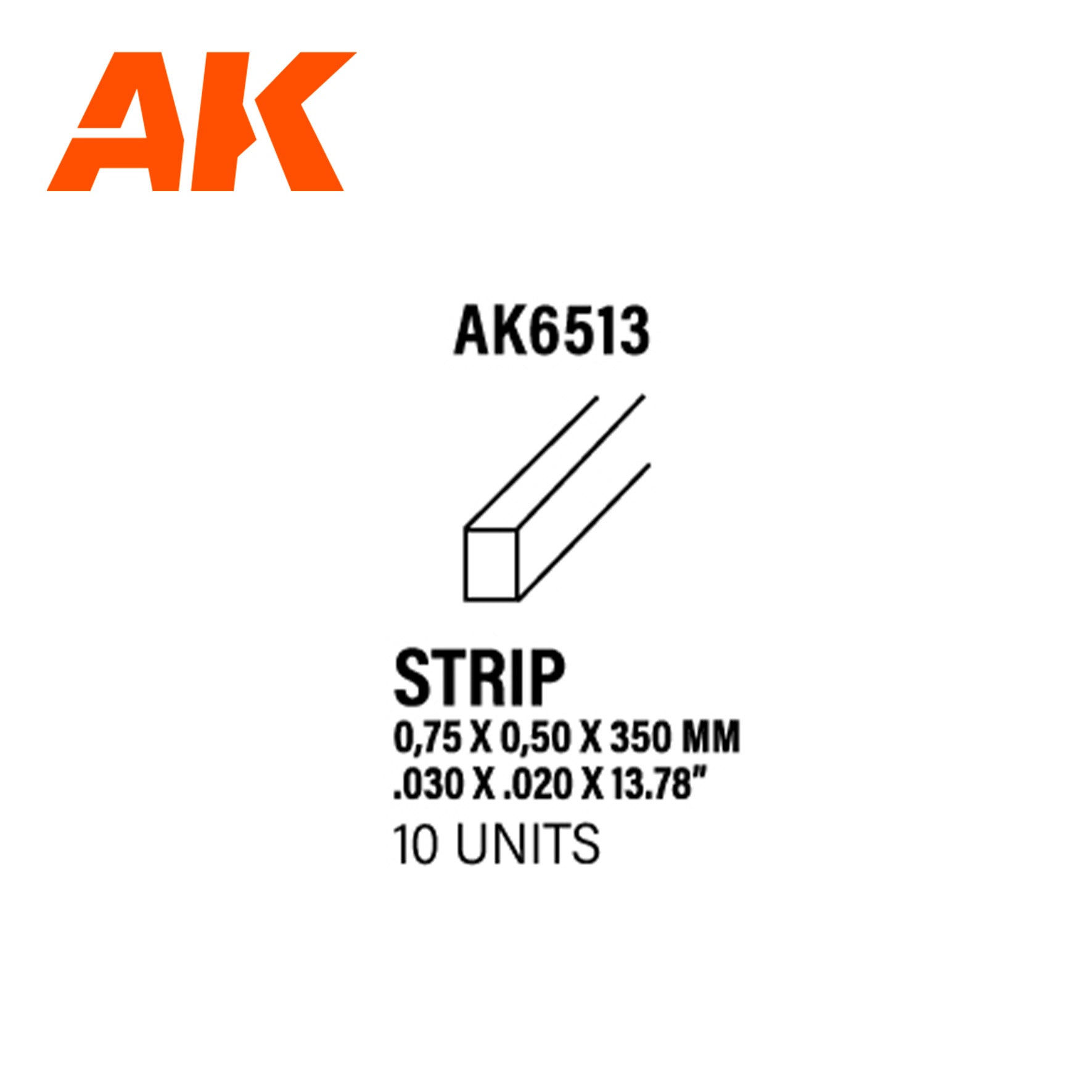 AK6513 - Styrene Strip - 0.75 x 0.50 x 350mm (10 units)