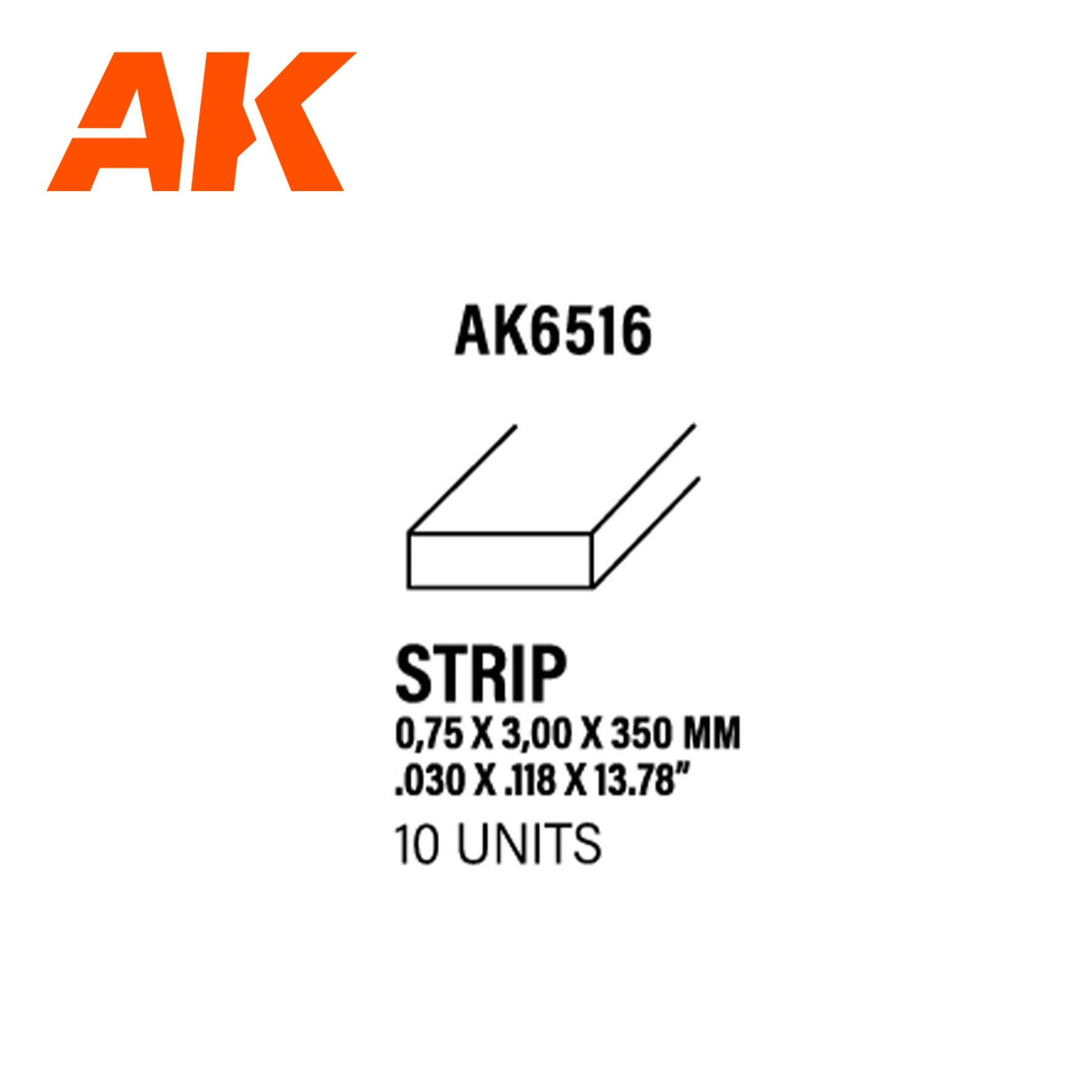 AK6516 - Styrene Strip - 0.75 x 3.00 x 350mm (10 units)