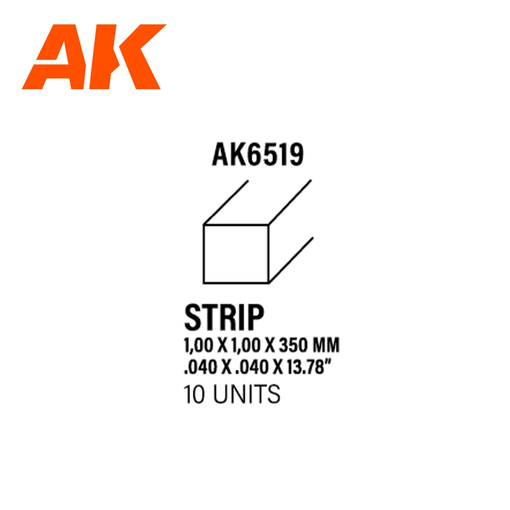 AK6519 - Styrene Strip - 1.00 x 1.00 x 350mm (10 units)