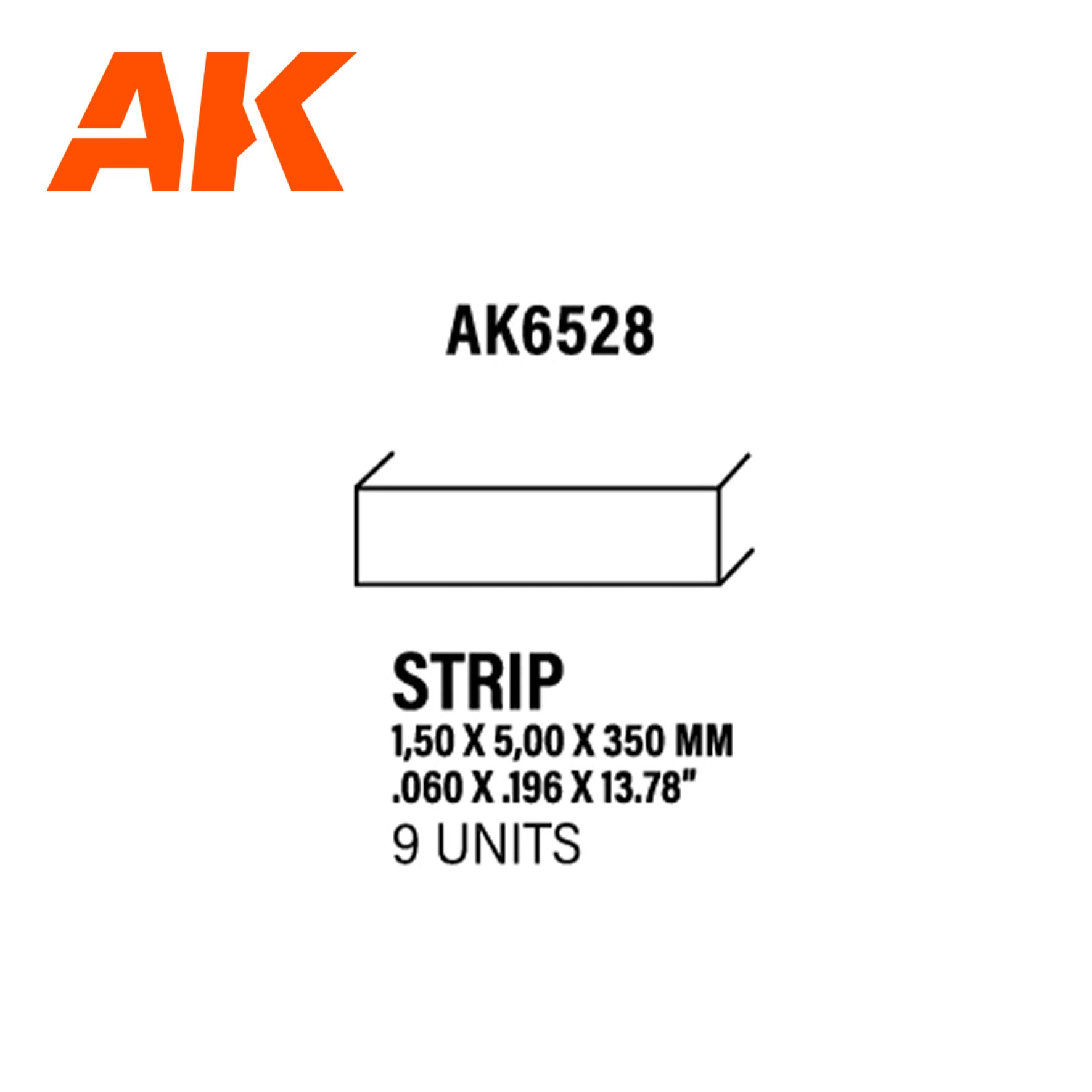 AK6528 - Styrene Strip - 1.50 x 5.00 x 350mm (9 units)