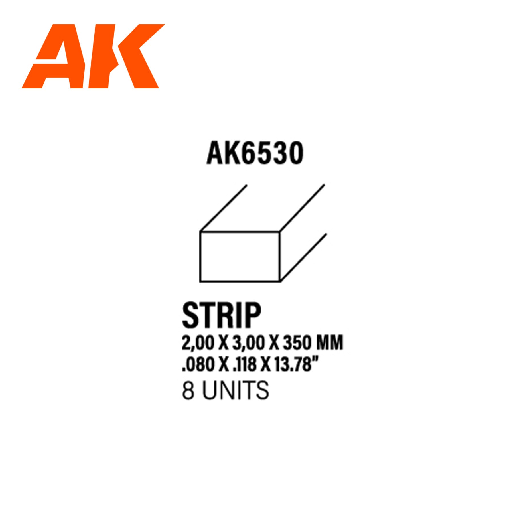AK6530 - Styrene Strip - 2.00 x 3.00 x 350mm (8 units)