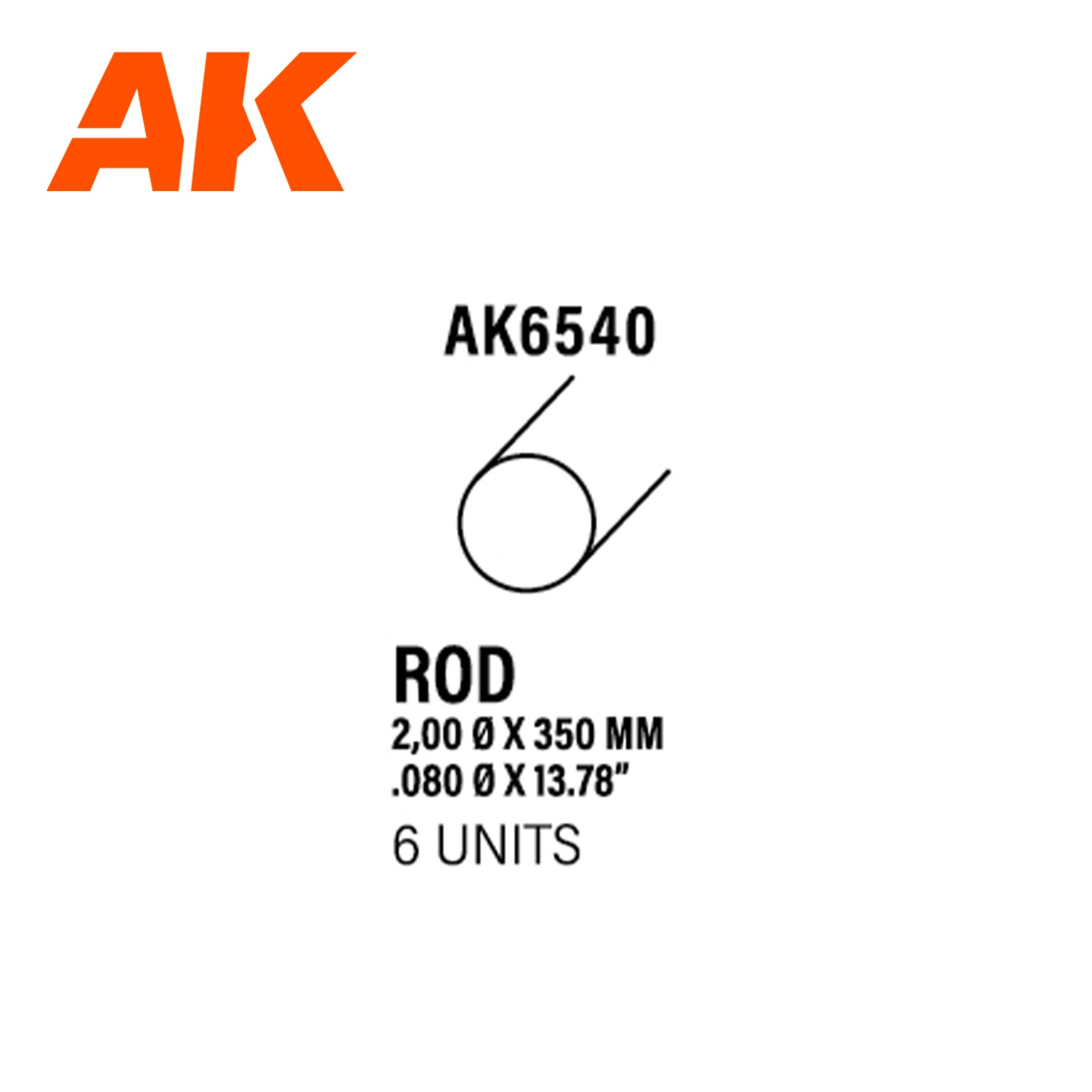 AK6540 - Rod 2.00 diameter x 350mm - Styrene Strip (6 units)