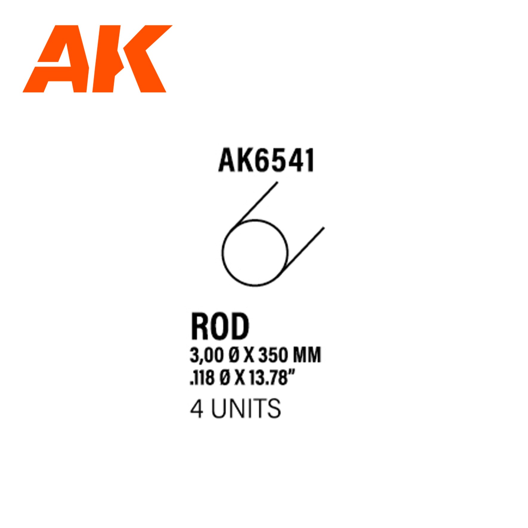 AK6541 - Rod 3.00 diameter x 350mm - Styrene Strip (4 units)