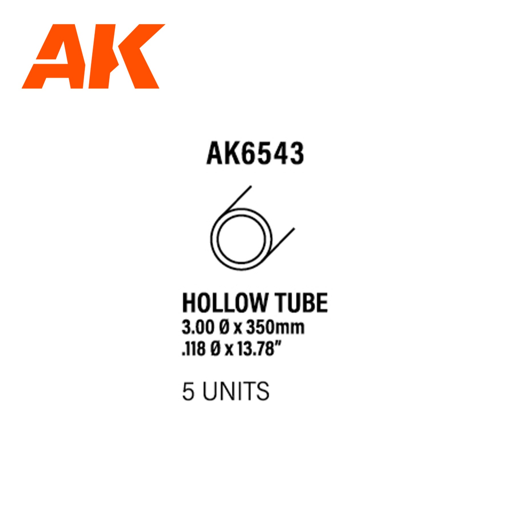 AK6543 - Hollow Tube - Styrene Strip - 3.00D x 350mm (W.T. 0,7MM) - ( 5 units)