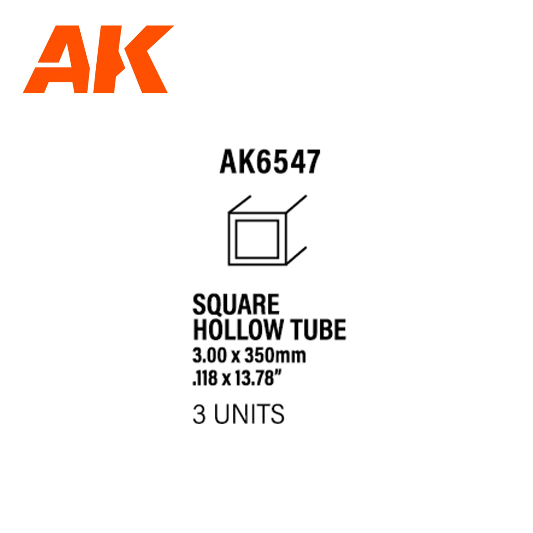 AK6547 - Square Hollow Tube - Styrene Strip - 3.00 x 350mm (0,7MM) - (3 units)