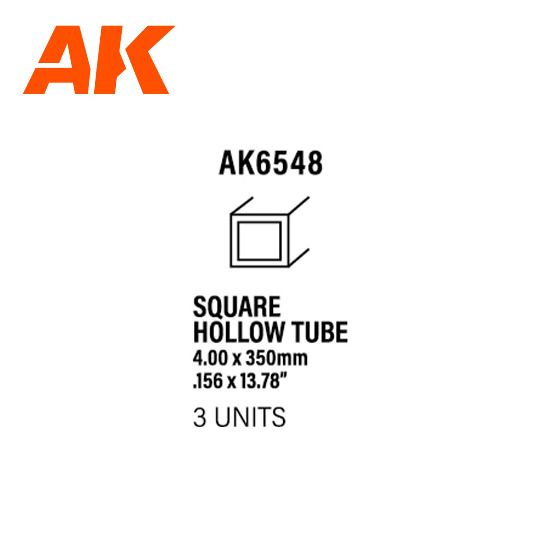 AK6548 - Square Hollow Tube - Styrene Strip - 4.00 x 350mm (0,7MM) - (3 units)