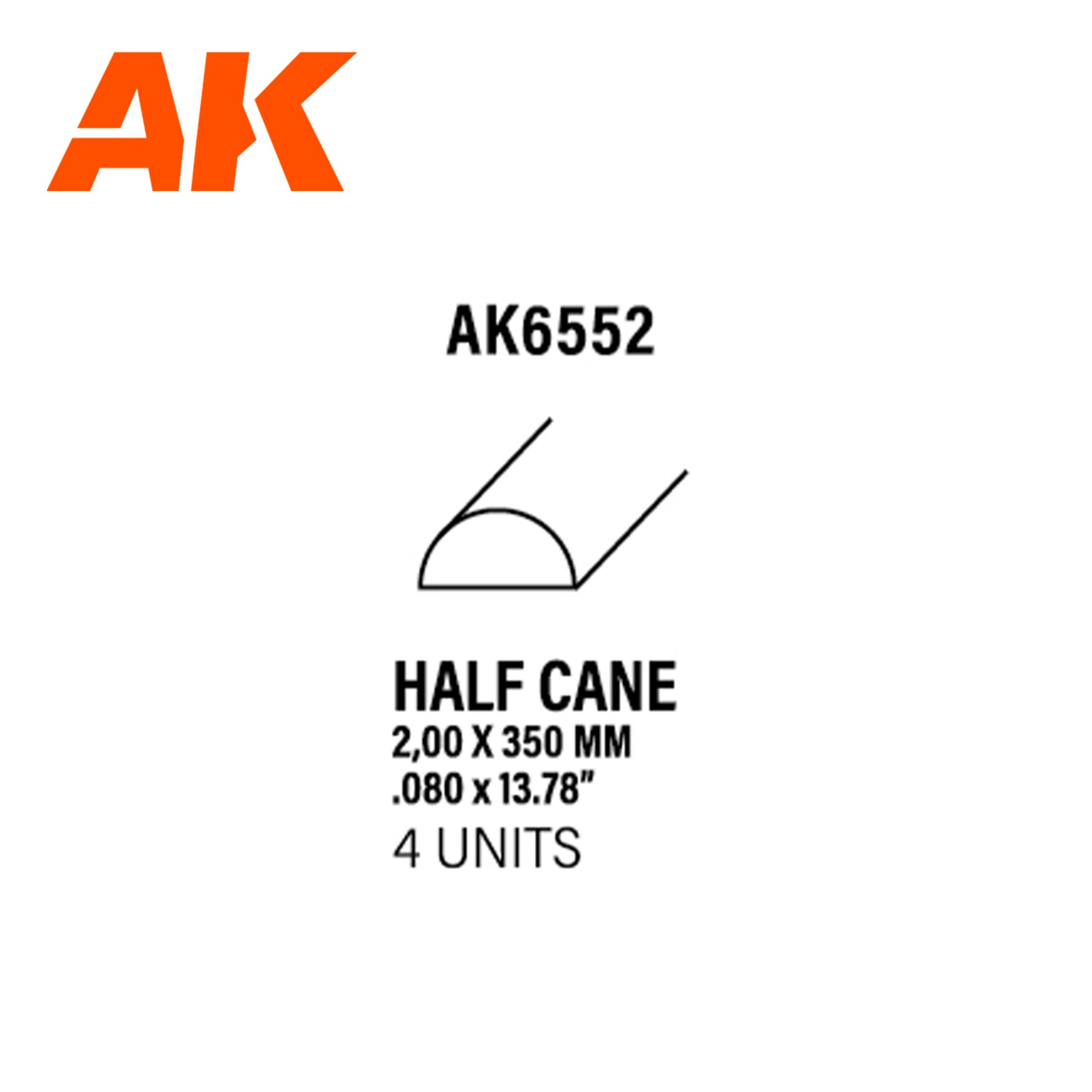 AK6552 - Half Cane - Styrene Strip - 2.00 x 350mm - (4 units)