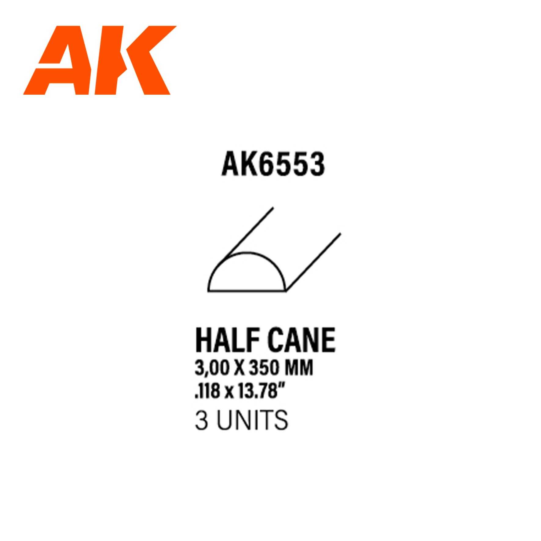 AK6553 - Half Cane - Styrene Strip - 3.00 x 350mm -(3 units)