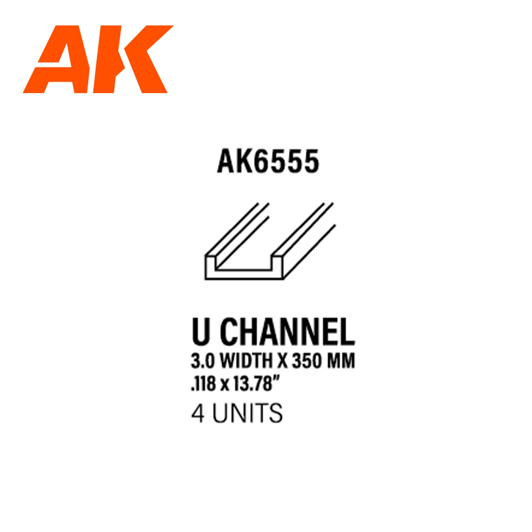 AK6555 - U Channel - Styrene Strip - 3.0 width x 350mm - (4 units)