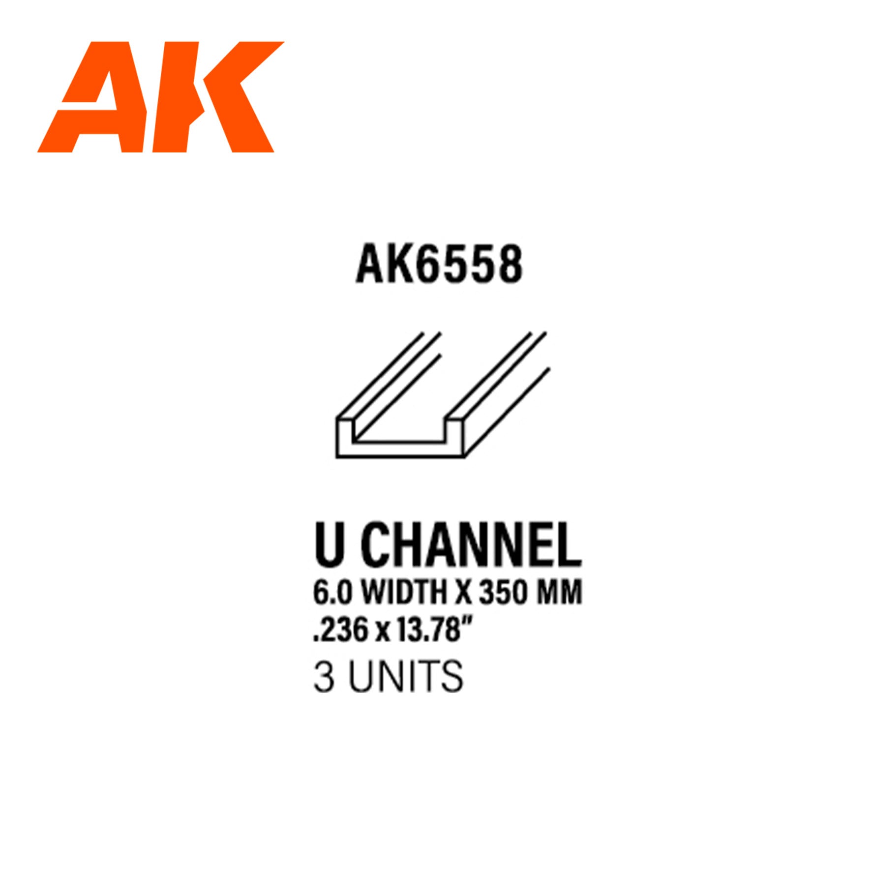 AK6558 - U Channel - Styrene Strip - 6.0 width x 350mm - (3 units)