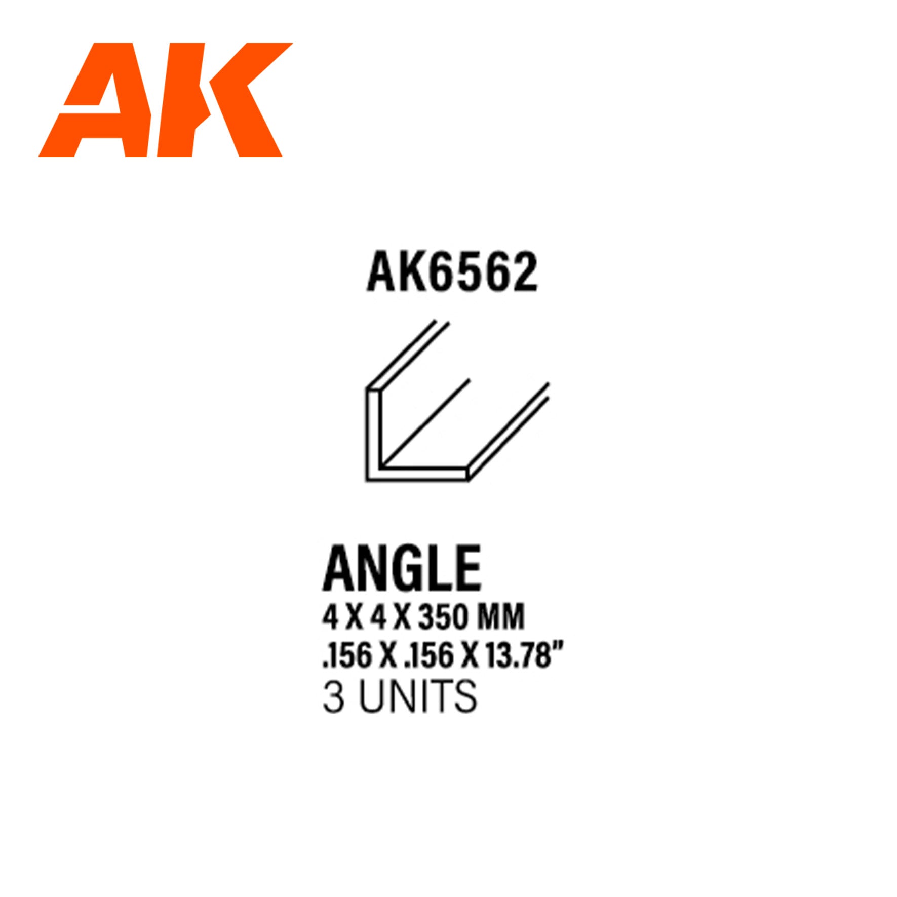 AK6562 - Angle - Styrene Strip - 4.00 x 4.00 x 350mm - (3 units)