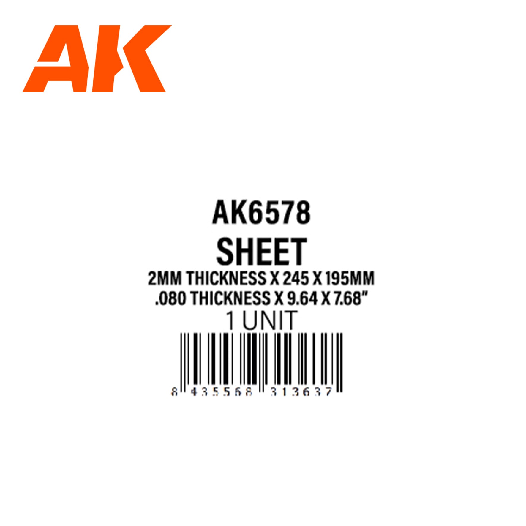 AK6578 - Styrene sheet - 2mm thickness x 245 x 195mm