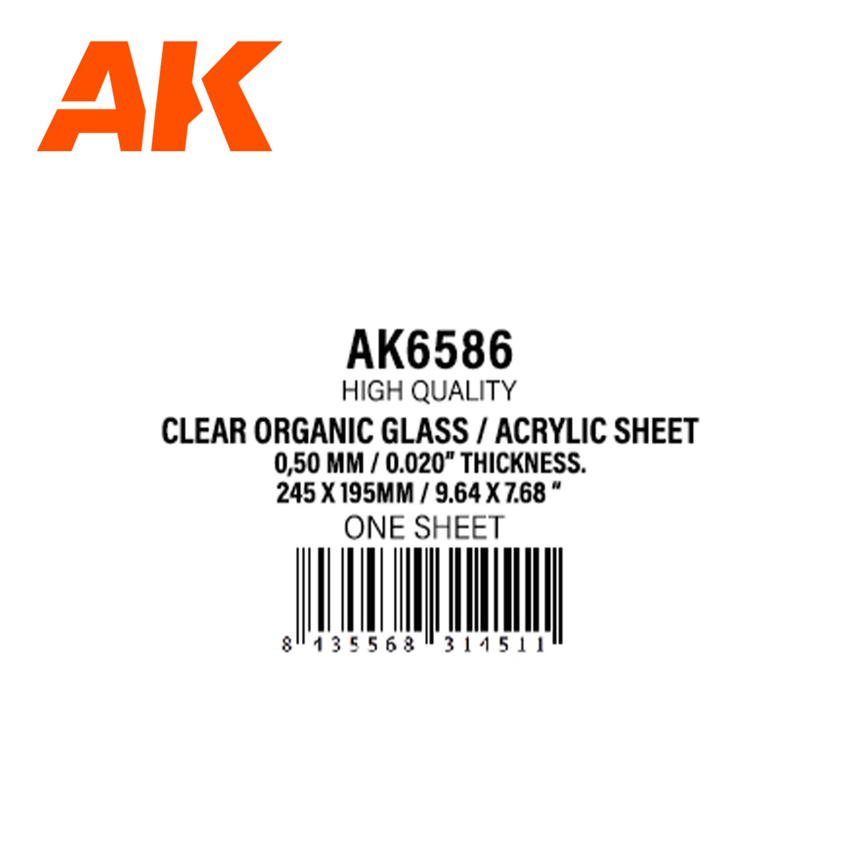 AK6586 - Clear Organic Glass/ Acrylic sheet - 0,40mm/0.016 thickness - 245 x 195mm