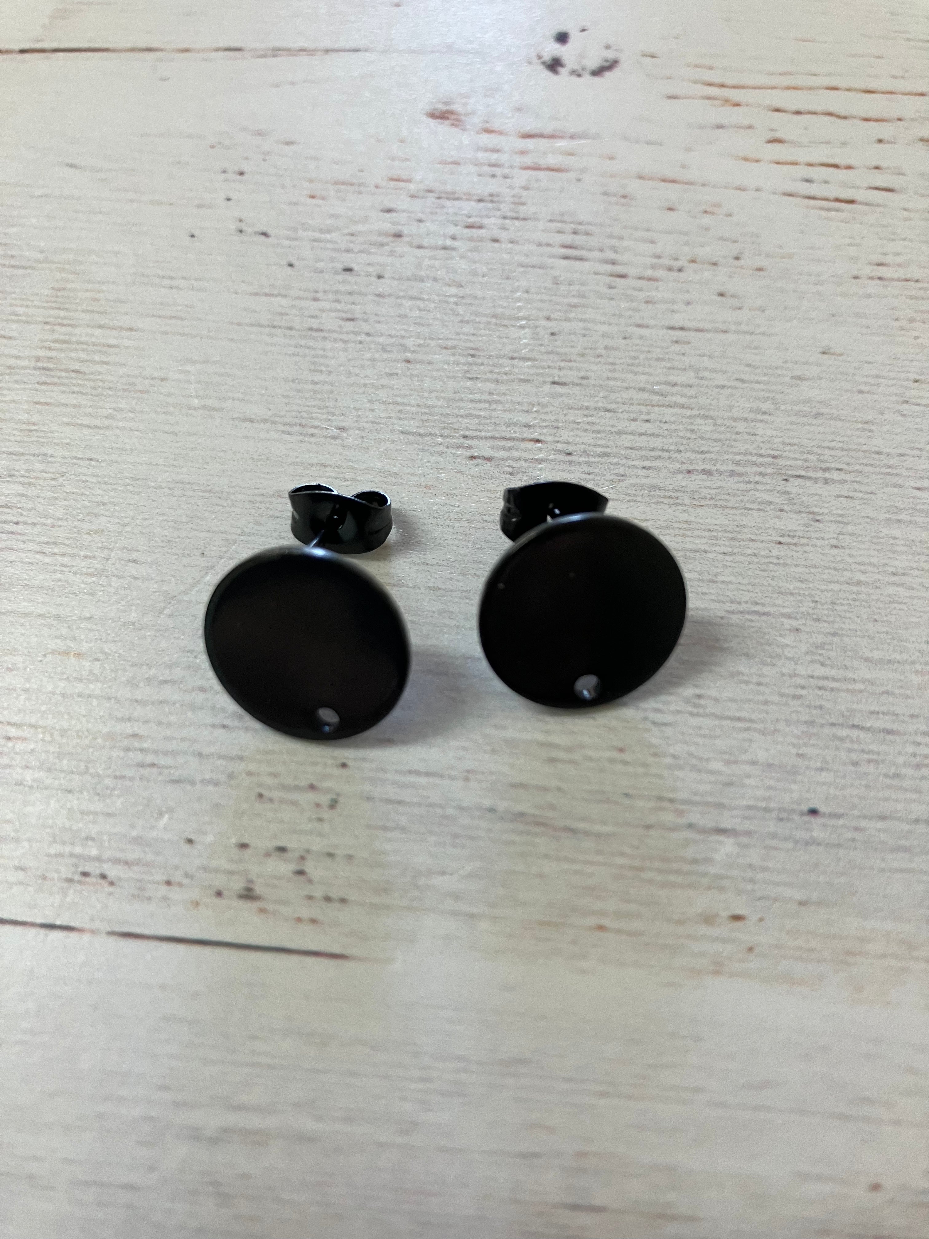 304 Stainless Steel Stud Earring Findings, with Loop and Flat Plate, Ear Nuts/Earring Backs, Flat Round, Electrophoresis Black (1 Pair)