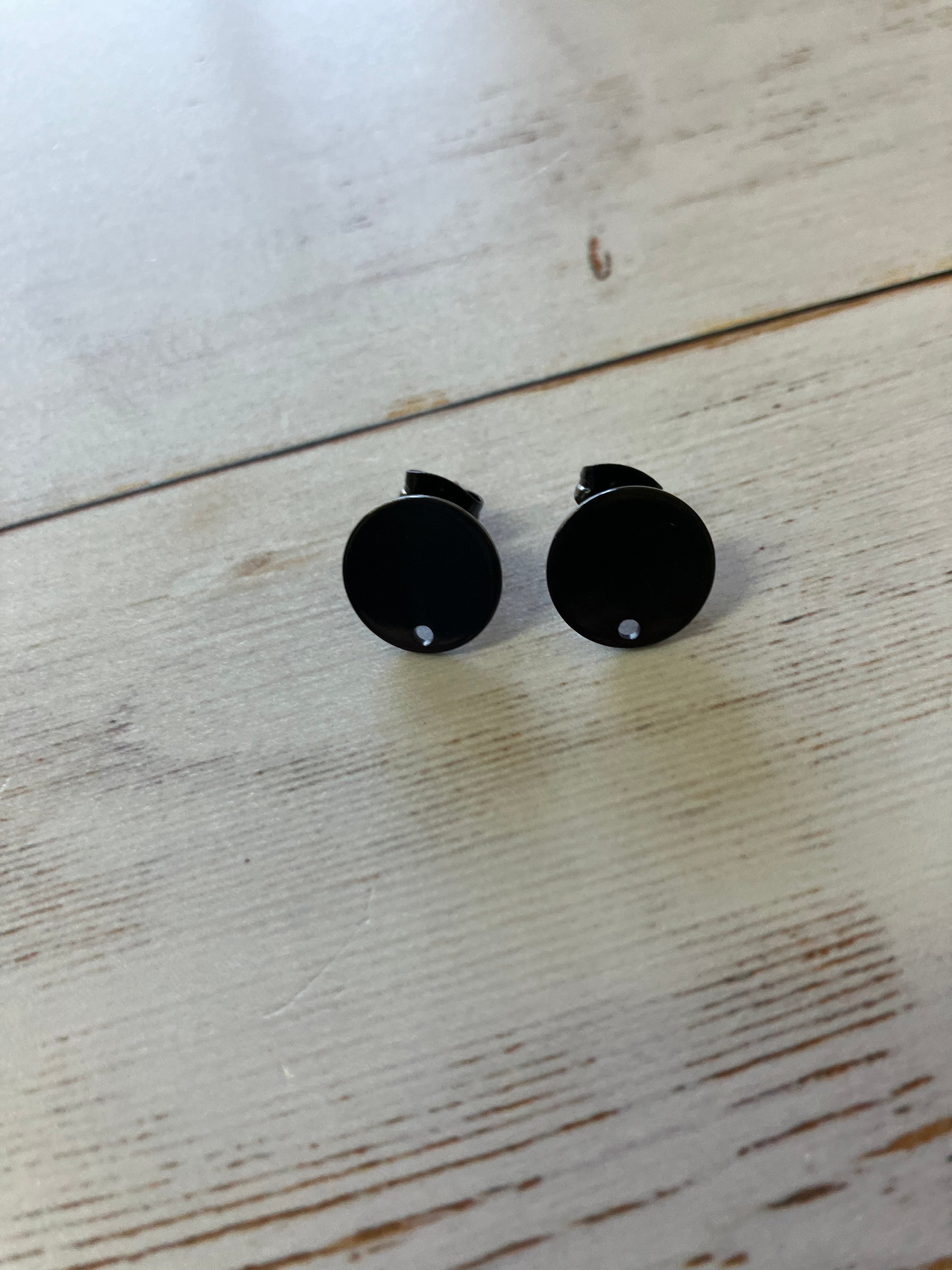 304 Stainless Steel Stud Earring Findings, with Loop and Flat Plate, Ear Nuts/Earring Backs, Flat Round, Electrophoresis Black (1 Pair)