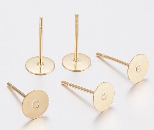 304 Stainless Steel Stud Earring Findings, Flat Round, Real 24k Gold Plated, 6x0.3mm (5 PAIRS)