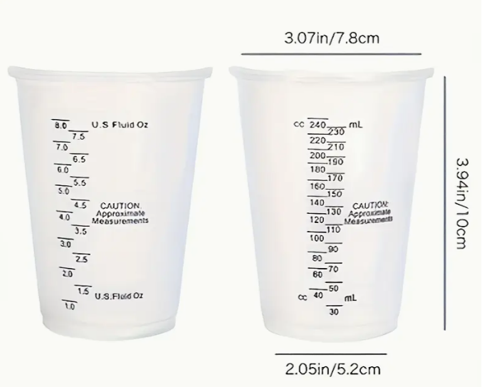 Epoxy or Resinite Reusable mixing measuring set - x4 reusable measuring cups - x1 assorted color plastic measuring sticks